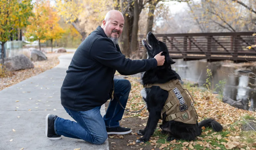 Man with dog in the park, Sean and Chas